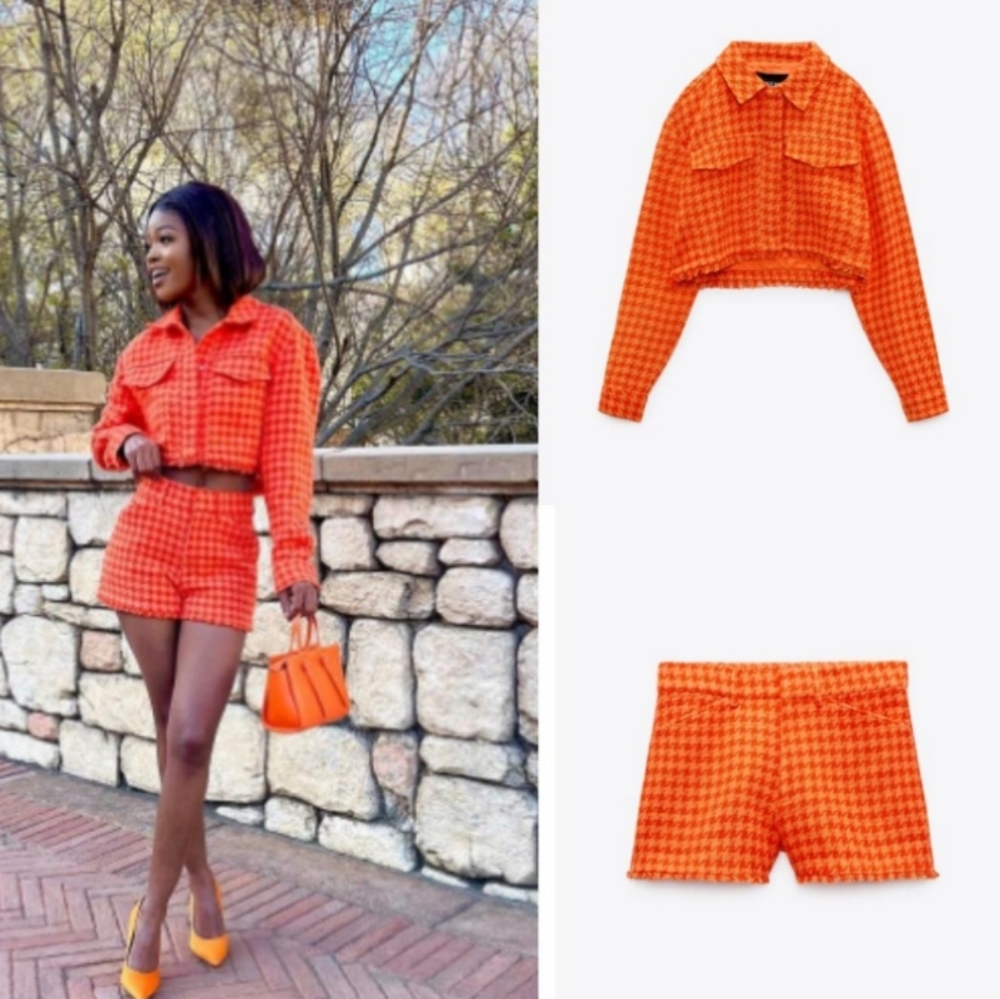 ZARA Hot Burnt Sienna Orange Spring Colour Chanel Vouge  Houndstooth Tweed NWT - Picture 8 of 15